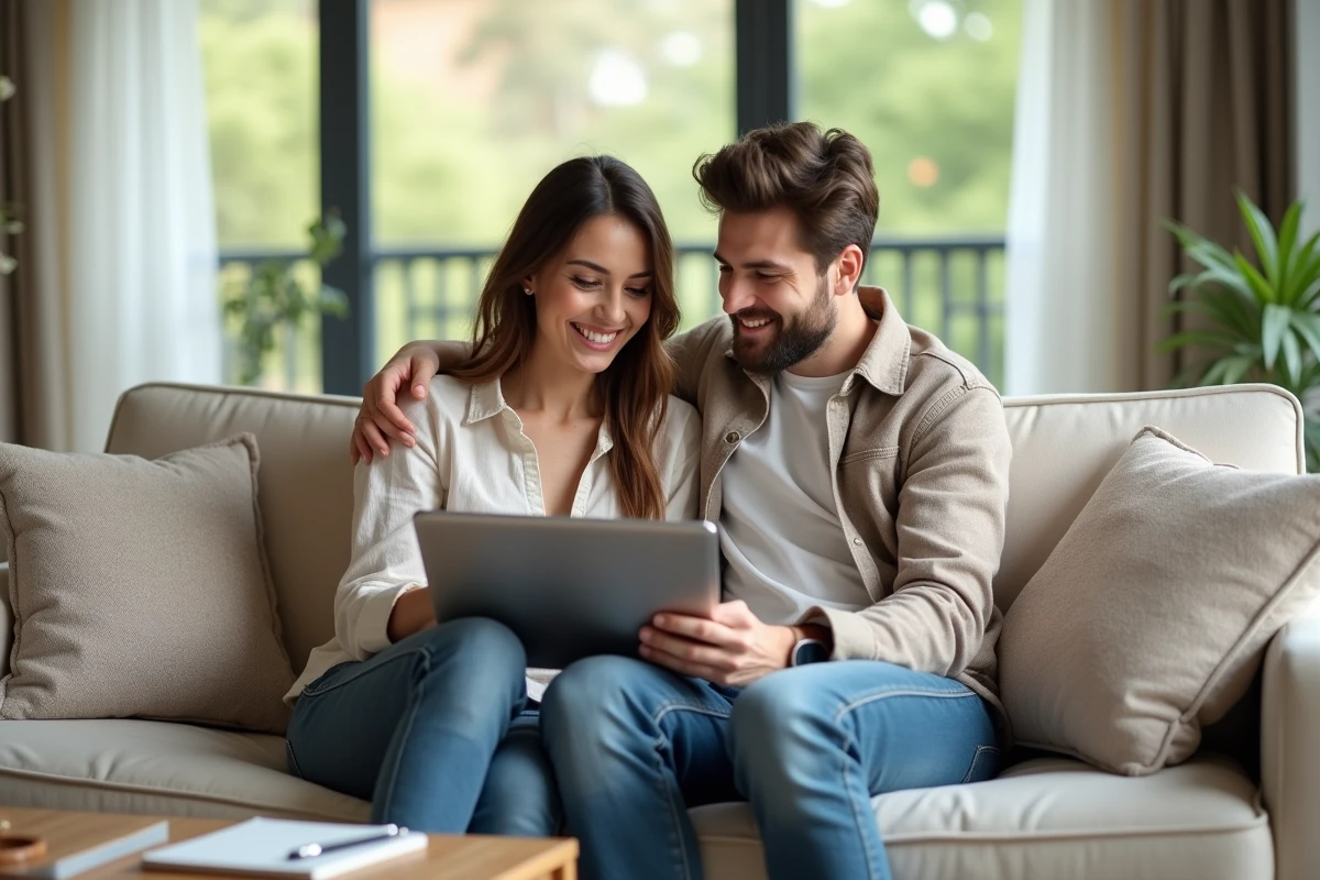 Couple planifiant leur épargne ensemble sur une tablette pour réunir un apport personnel immobilier