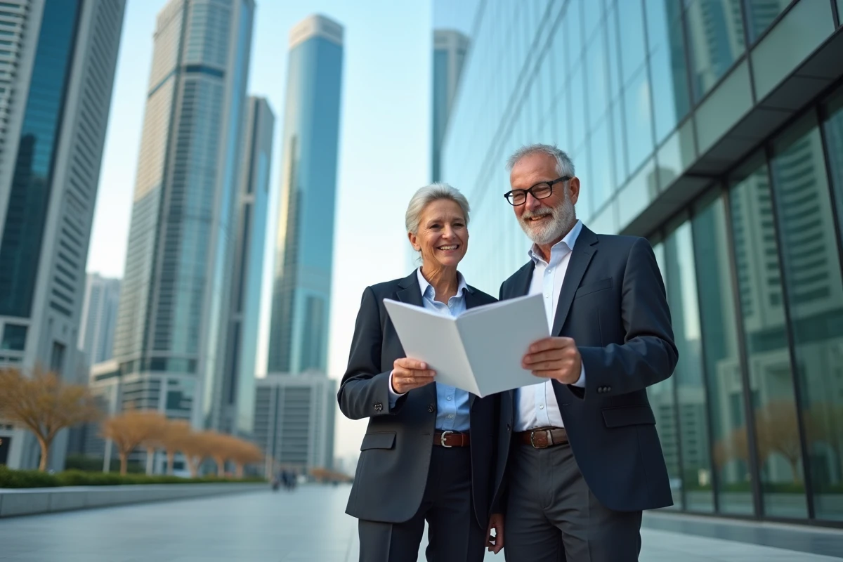 Couple d'expatriés devant un immeuble financier moderne à Dubaï tenant une brochure immobilière, illustrant l'attrait des pays sans impôts pour les investisseurs internationaux