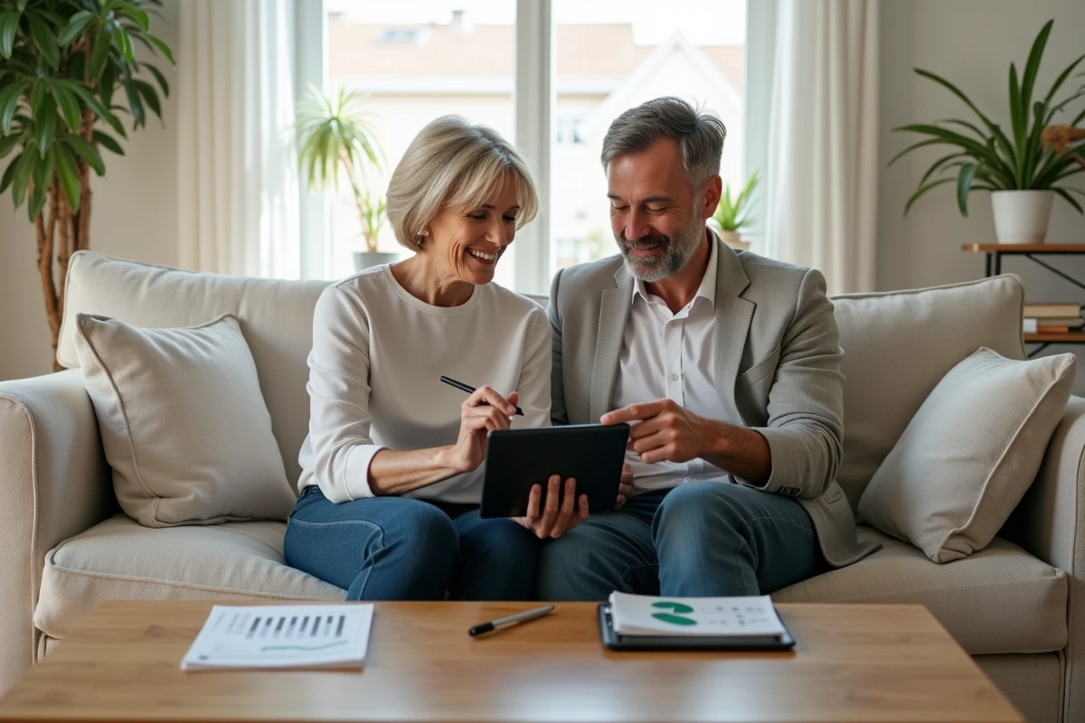 Couple gérant ensemble leurs placements financiers en ligne sur une tablette dans leur salon