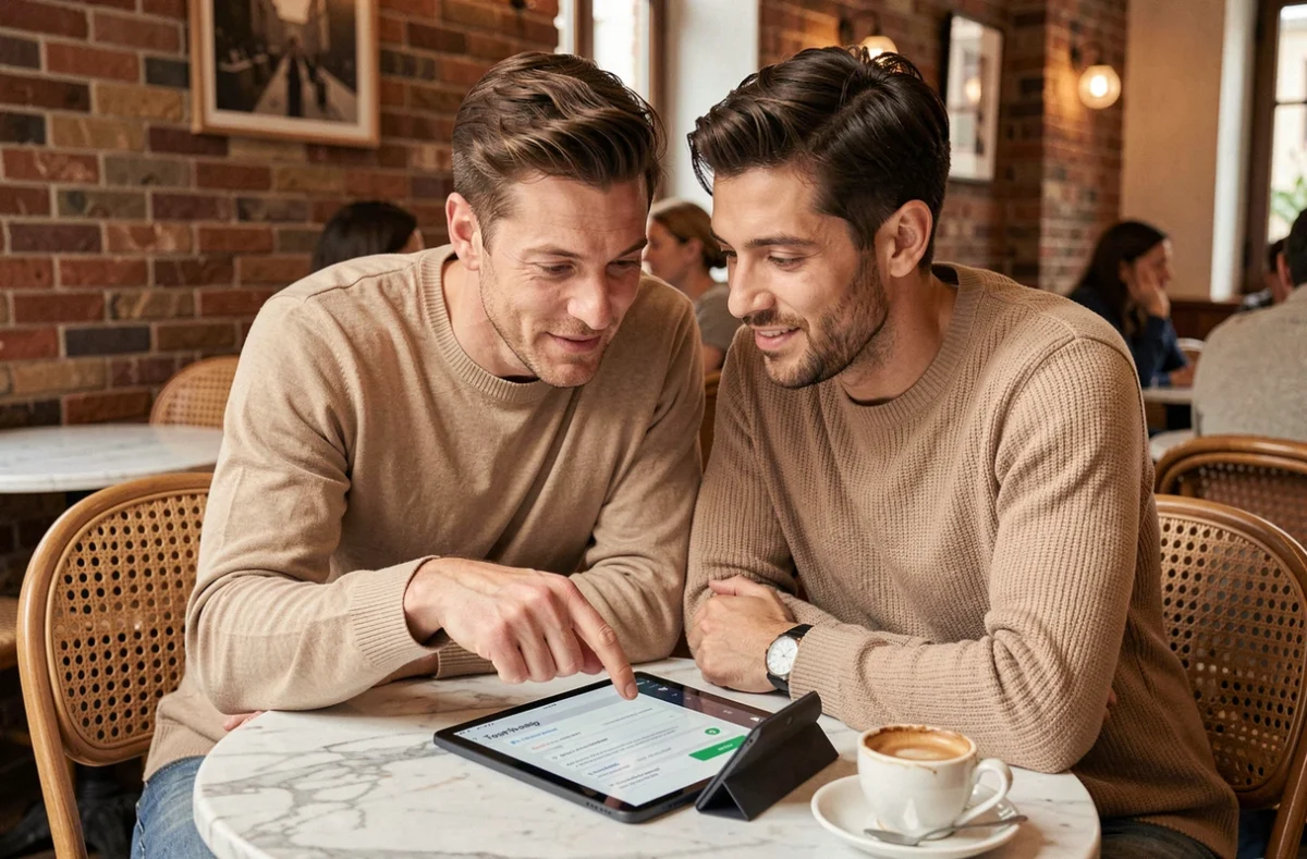 Un couple consulte l'application Banque Populaire Val de France pour ouvrir un compte bancaire depuis un café