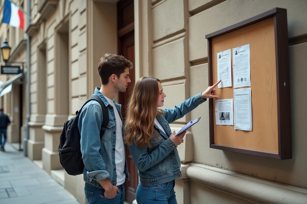 Un jeune couple consulte un panneau d'informations sur les aides financières devant la façade d'une mairie française