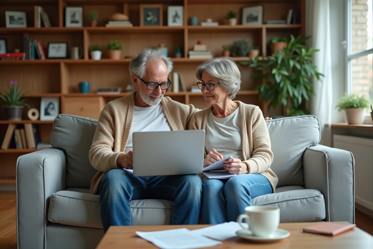Couple de particuliers planifiant ensemble leur épargne boursière via un PEA sur ordinateur portable dans leur salon