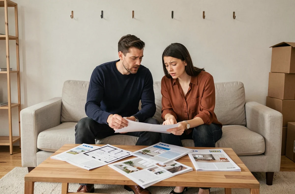 Couple examinant des catalogues de meubles et un plan d'appartement dans un salon en cours d'aménagement, illustrant le budget global mobilier et électroménager