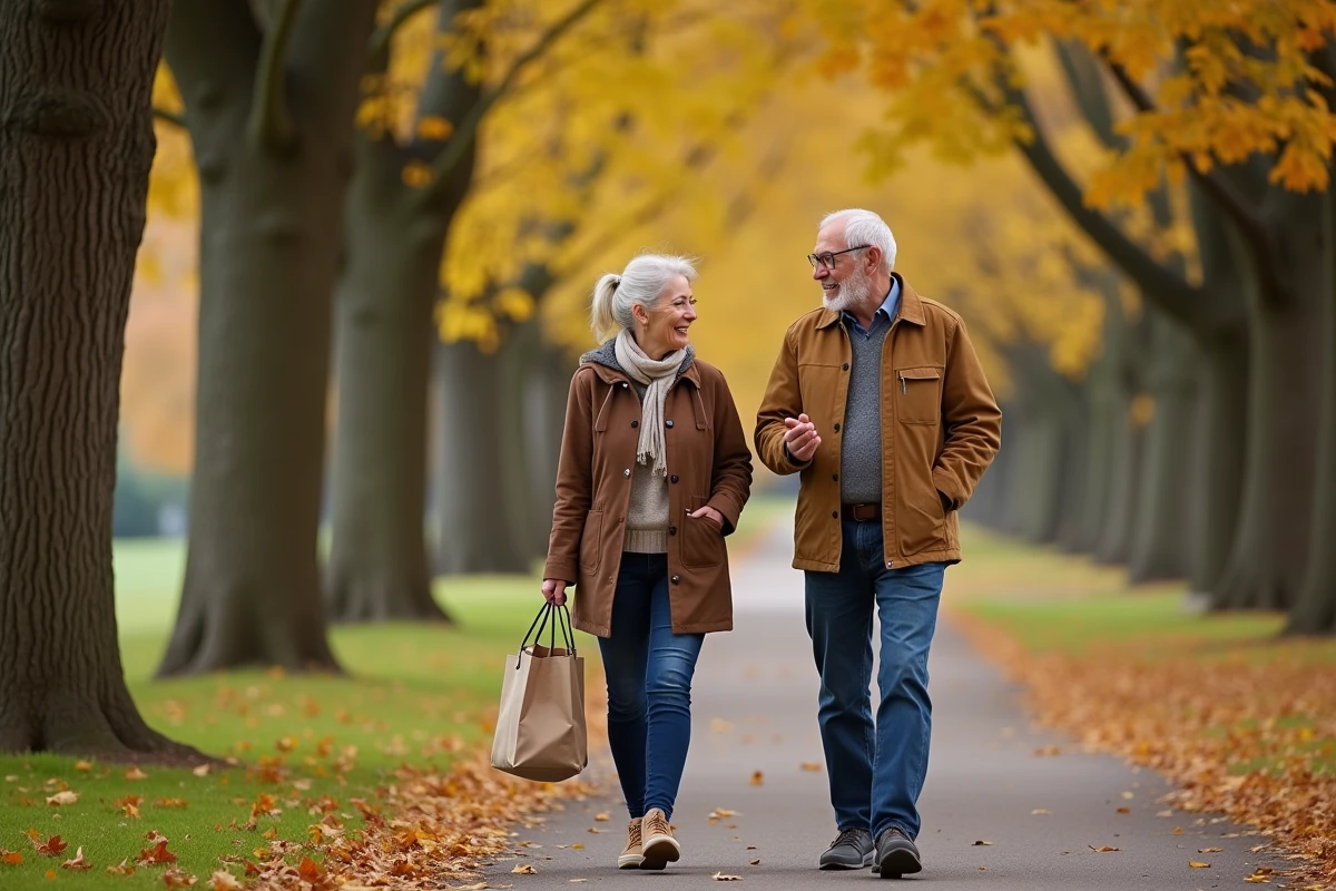 Couple de quinquagénaires se promenant dans un parc en automne en discutant de leur retraite future