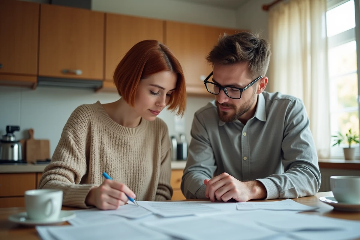 Couple examinant un refus de prêt à taux zéro et des documents immobiliers à la maison