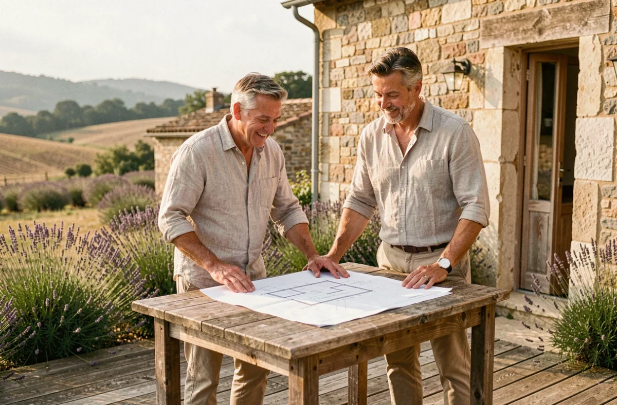 Couple examinant les plans de leur résidence secondaire en pierre dans la campagne française post-pandémie