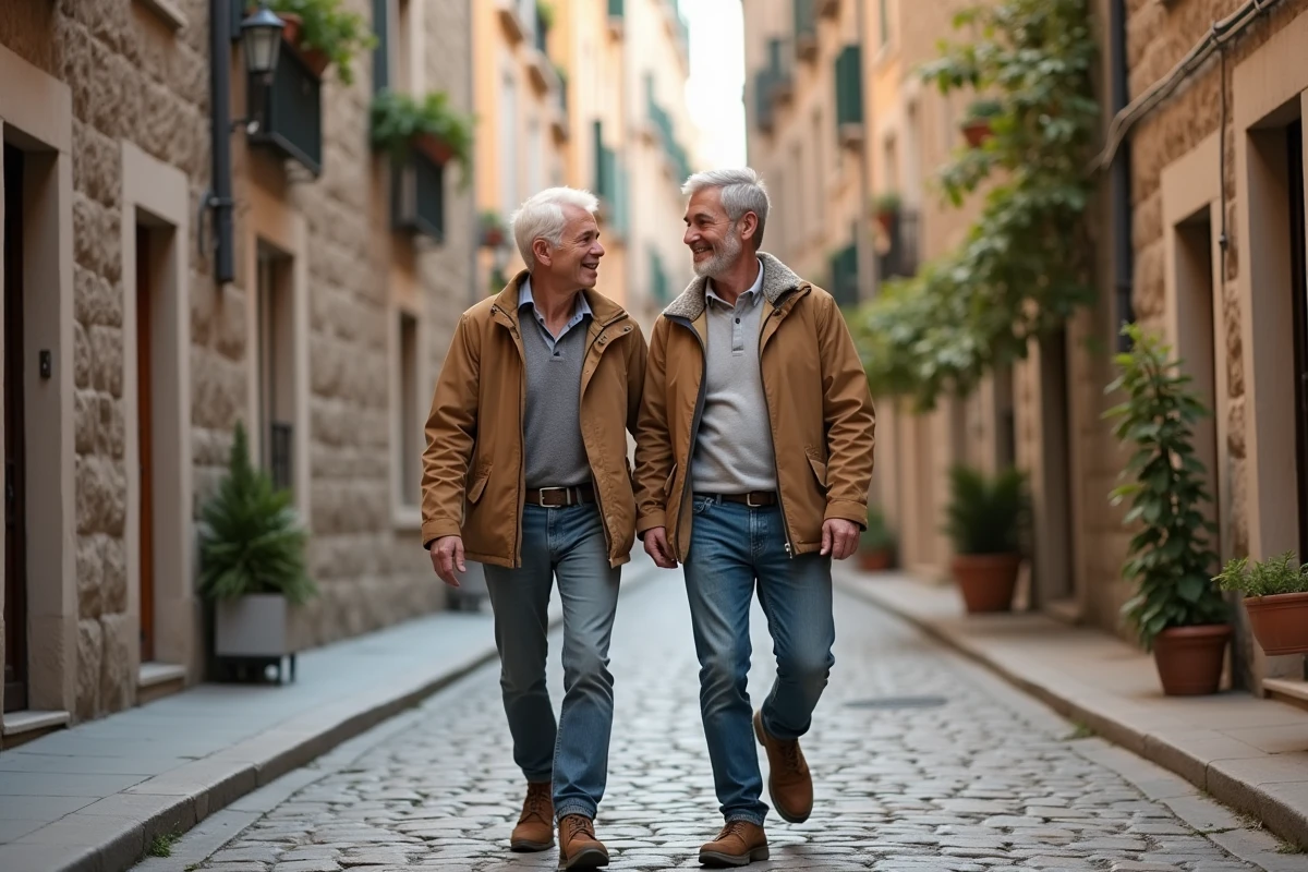 Couple de quadragénaires profitant d'une retraite anticipée en se promenant dans un village européen, symbolisant la liberté financière et la vie après l'arrêt du travail à 45 ans