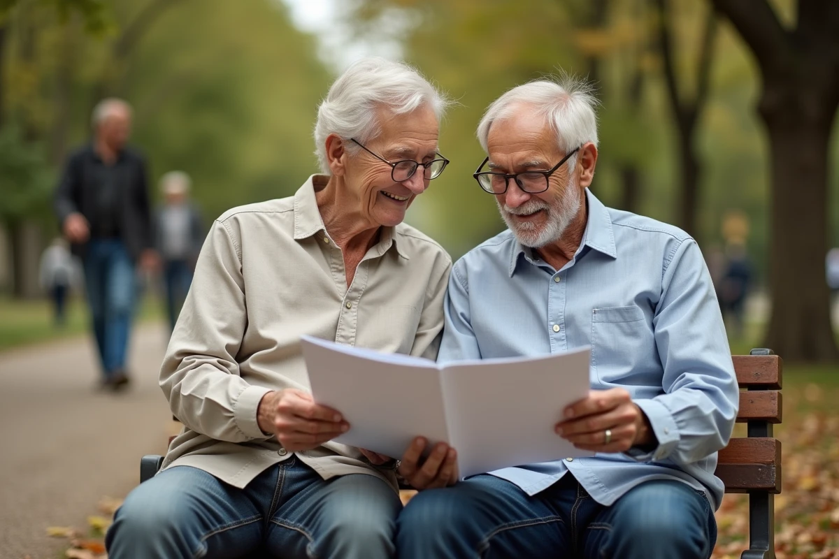 Couple de retraités lisant un livret d'information sur la retraite assis sur un banc dans un parc en automne