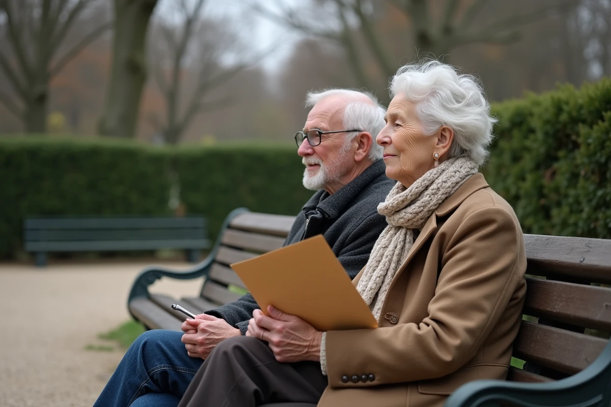 Couple de retraités assis sur un banc de parc évoquant leurs droits à la pension de réversion