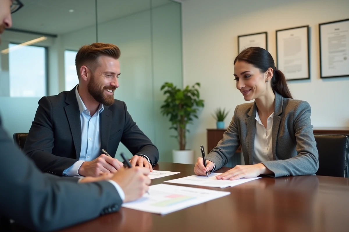 Couple signant des documents de transfert de fonds chez le notaire lors d'une transaction immobilière