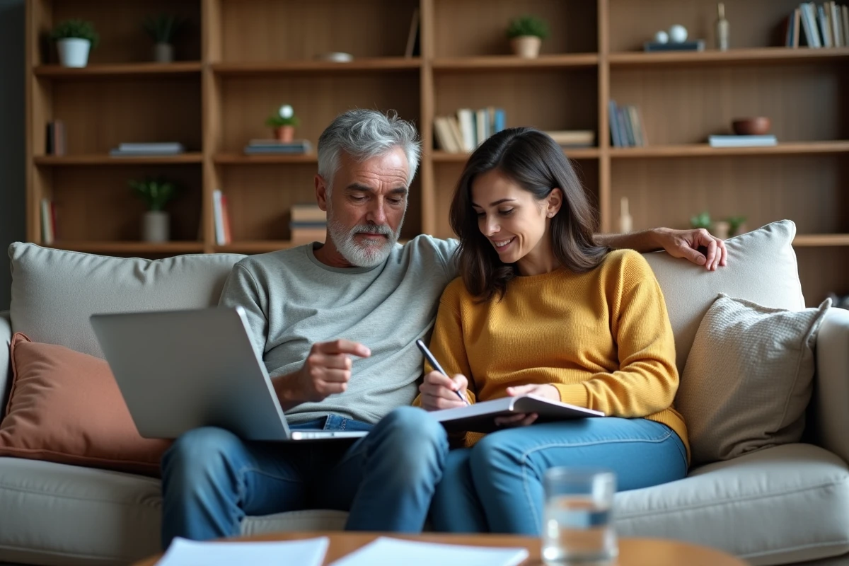 Couple calculant les économies liées au remboursement anticipé de leur prêt immobilier sur laptop