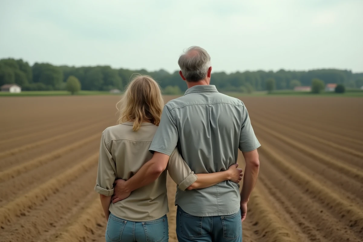 Couple visitant un terrain agricole en France avant signature chez le notaire