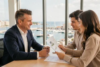 Courtier en crédit immobilier conseillant un couple à Toulon avec vue sur le port méditerranéen