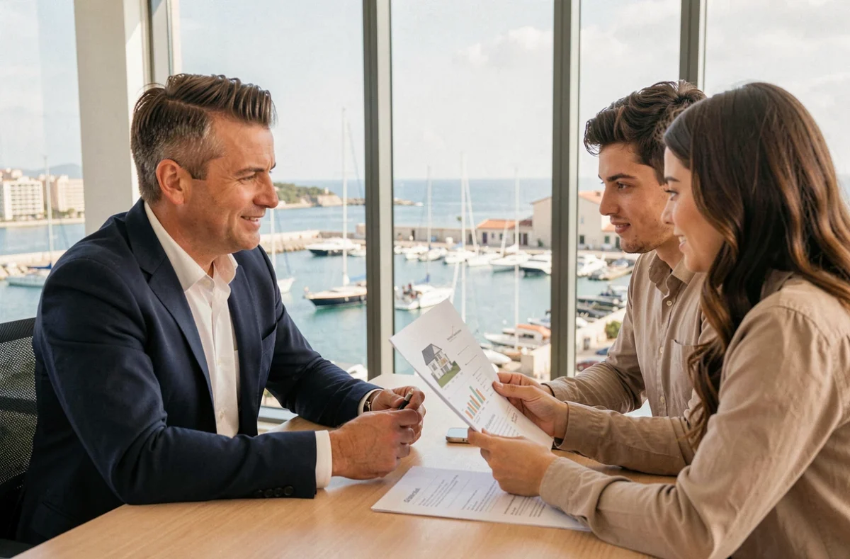 Courtier en crédit immobilier conseillant un couple à Toulon avec vue sur le port méditerranéen
