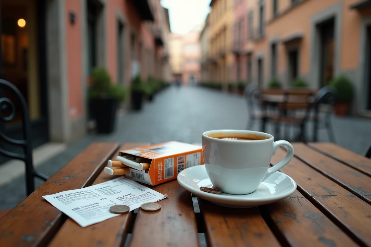 Paquet de cigarettes, euros et café sur une table de terrasse italienne illustrant le coût du tabac en Italie