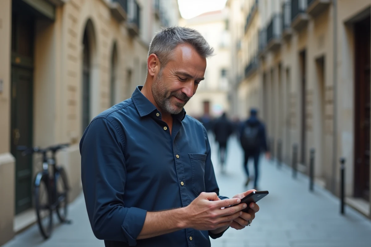 Homme accédant à ses comptes Crédit Maritime depuis son mobile en pleine rue