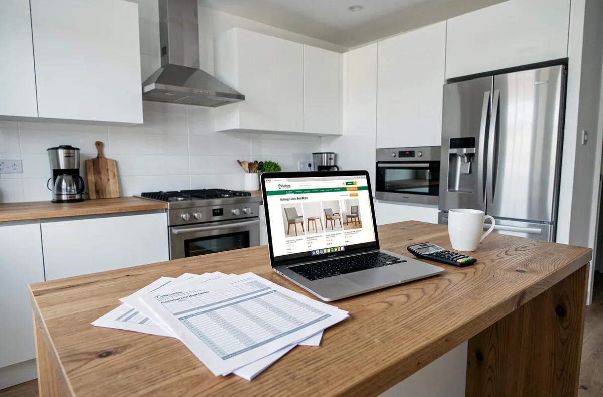 Cuisine scandinave en kit avec des documents budgétaires posés sur un îlot de cuisine, symbolisant le coût total d'un équipement IKEA complet