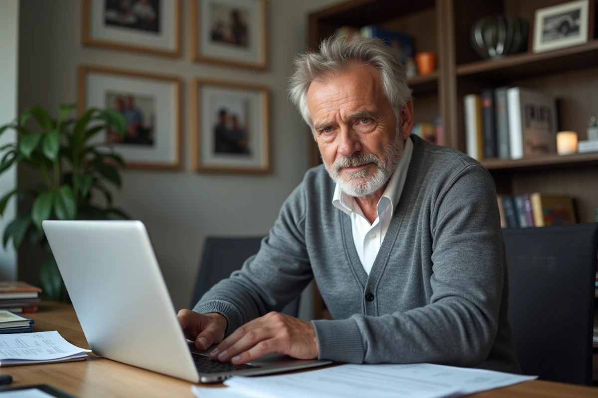 Un homme d'une soixantaine d'années consulte le site des impôts en ligne depuis son bureau à domicile pour déclarer un prêt entre particuliers, avec des notes manuscrites et un accord de prêt posés à côté