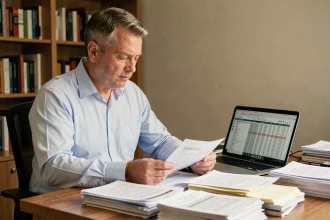 Homme consultant des documents fiscaux sur son bureau à domicile pour optimiser sa déclaration de revenus de capitaux mobiliers