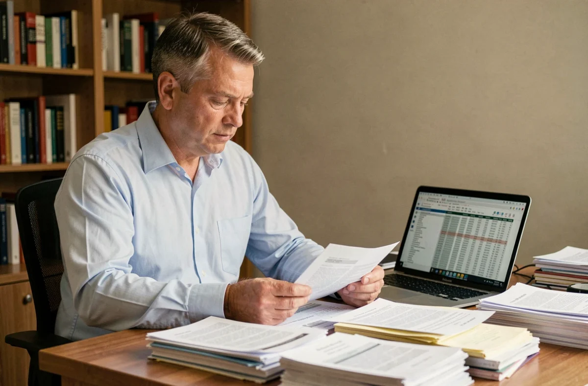 Homme consultant des documents fiscaux sur son bureau à domicile pour optimiser sa déclaration de revenus de capitaux mobiliers