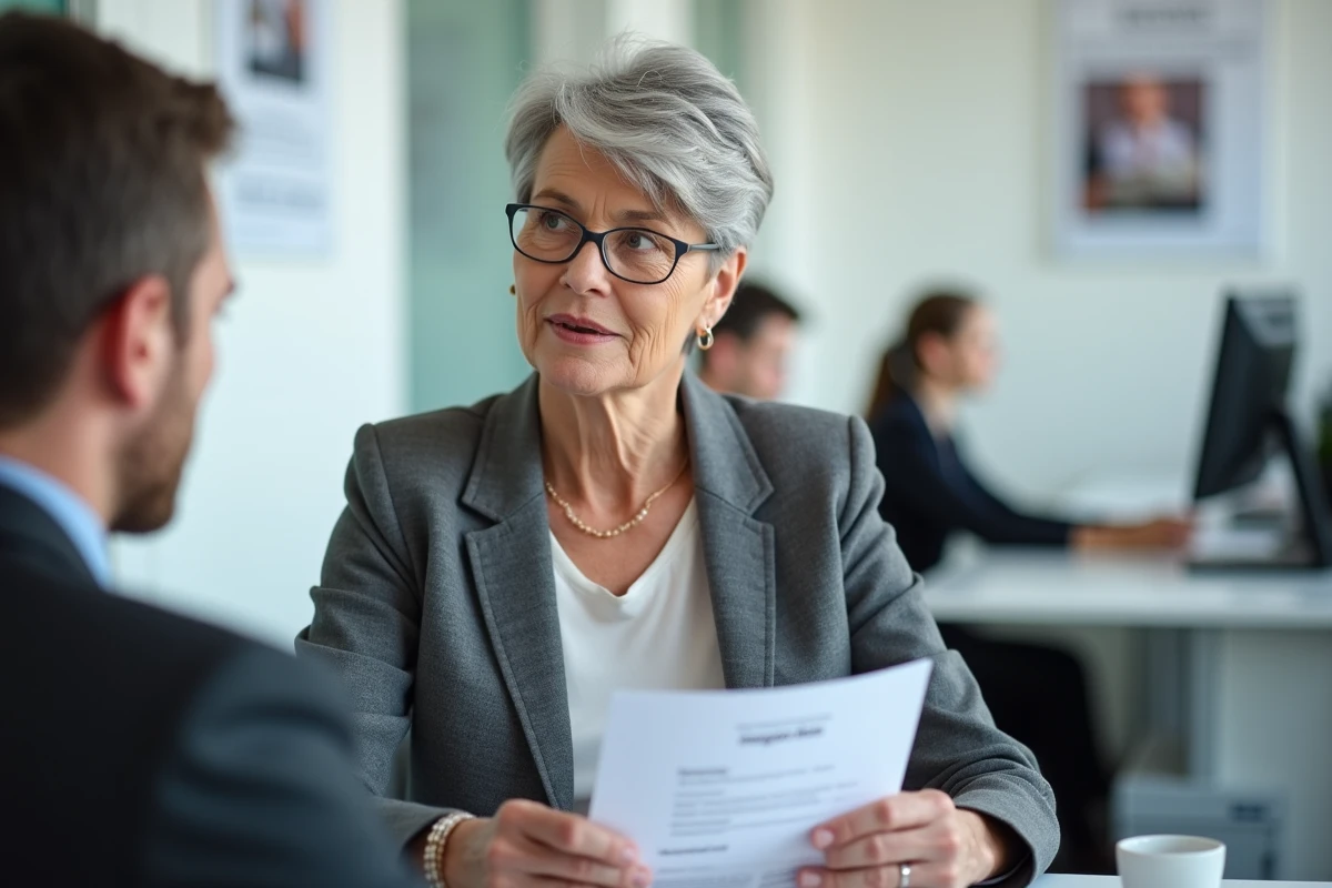 Femme en démarche administrative pour faire valoir son droit à la pension de réversion dans un bureau officiel