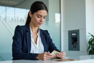 Femme comptant des billets en euros au comptoir d'une agence bancaire moderne en France