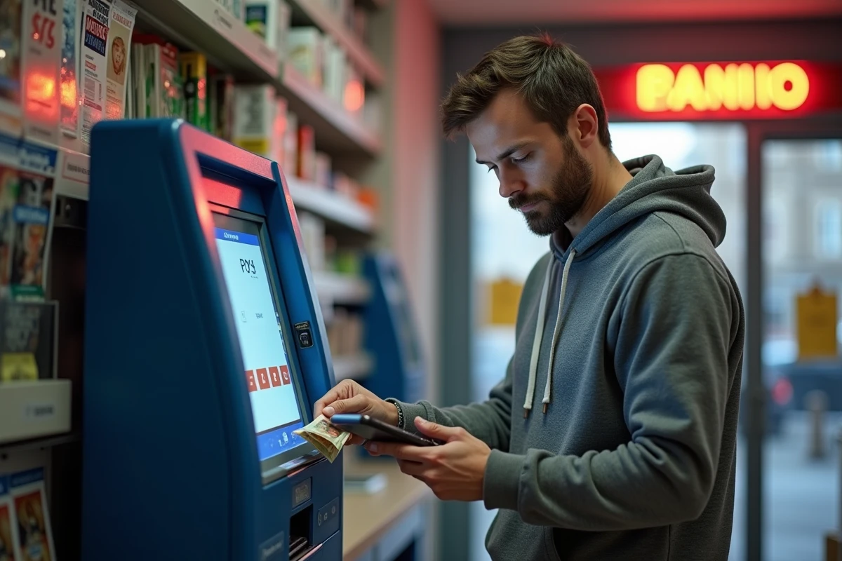 Homme déposant des espèces dans un distributeur de dépôt en bureau de tabac partenaire Nickel