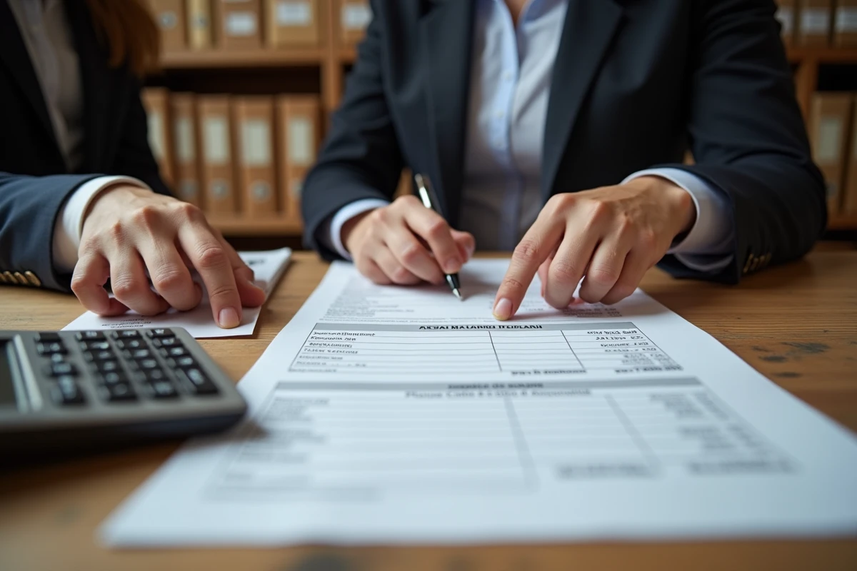 Gros plan de mains de professionnels analysant ensemble les lignes d'un compte courant d'associé imprimé