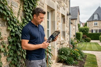 Diagnostiqueur immobilier examinant la facade d'une maison en pierre lors d'un diagnostic energetique obligatoire