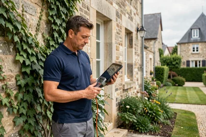 Diagnostiqueur immobilier examinant la facade d'une maison en pierre lors d'un diagnostic energetique obligatoire