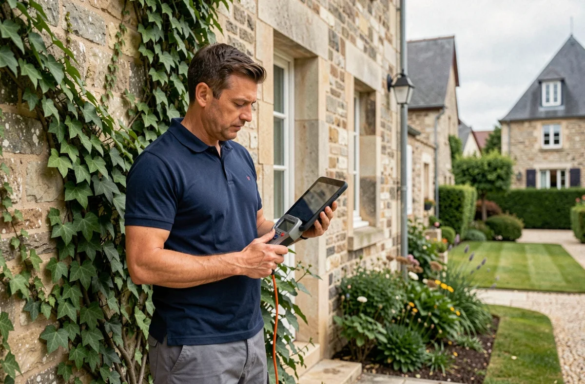 Diagnostiqueur immobilier examinant la facade d'une maison en pierre lors d'un diagnostic energetique obligatoire