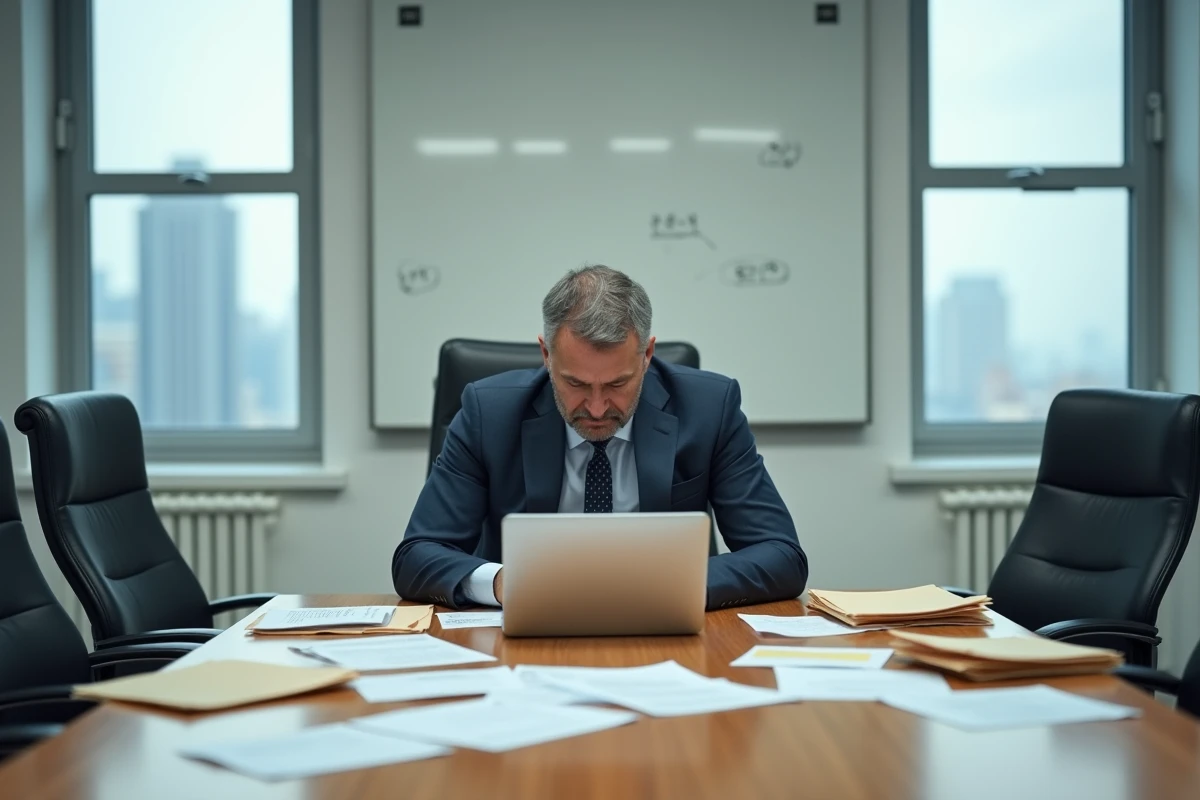 Chef d'entreprise épuisé seul dans une salle de réunion avec des documents financiers éparpillés, symbolisant une faillite d'entreprise