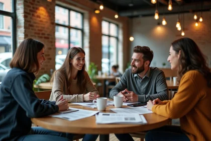 Groupe de personnes de cultures différentes discutant de l'actualité autour d'une table dans un café urbain moderne, illustrant le lien entre information et évolution sociétale