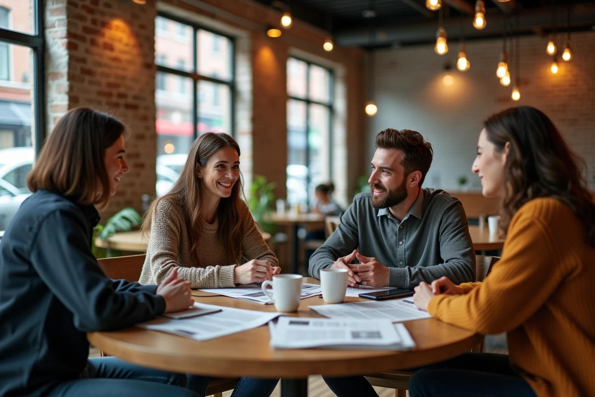 Groupe de personnes de cultures différentes discutant de l'actualité autour d'une table dans un café urbain moderne, illustrant le lien entre information et évolution sociétale