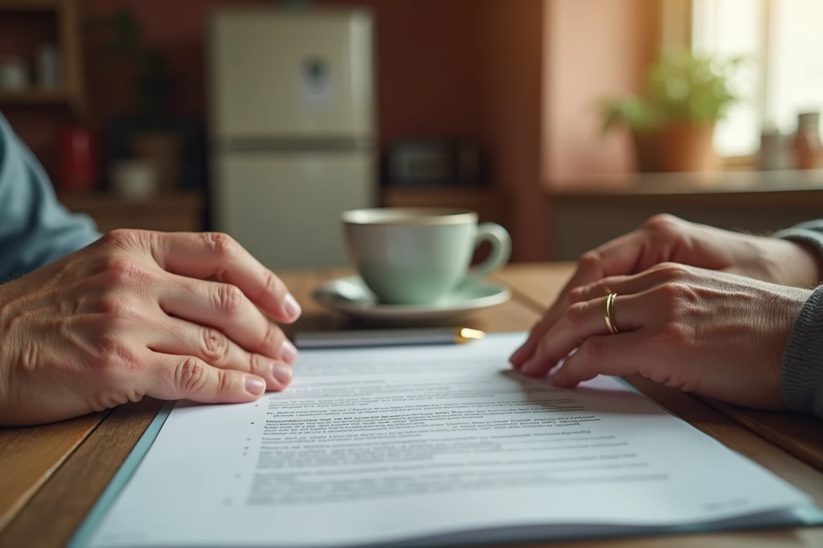 Deux générations discutant du montant minimum d'une assurance vie autour d'un document familial