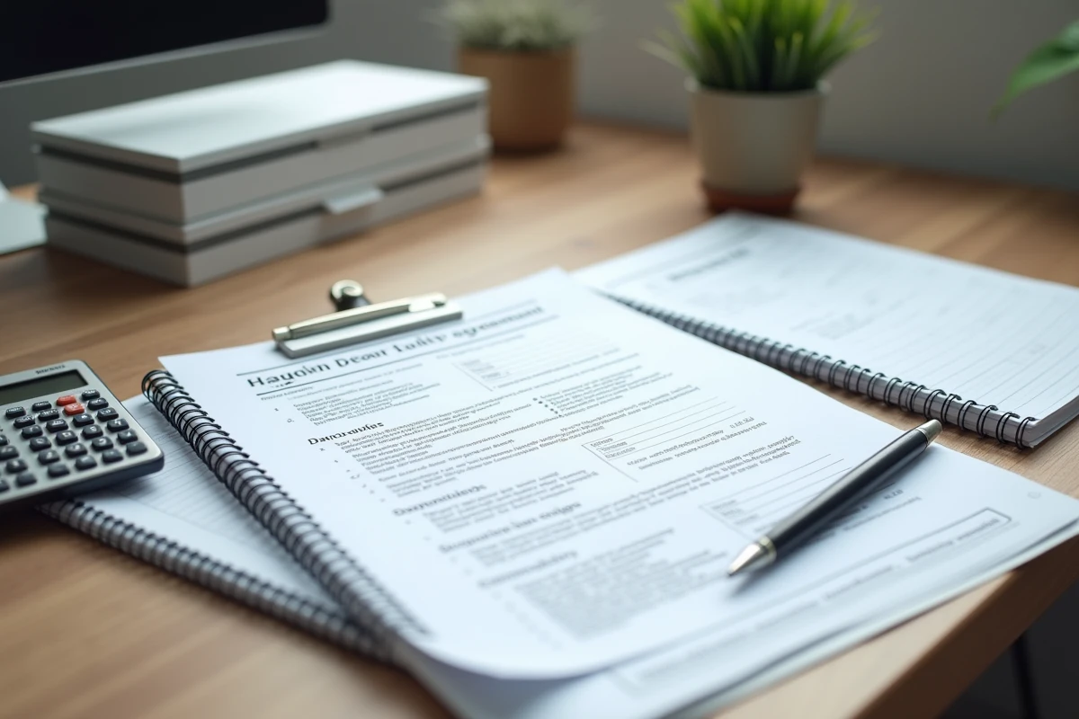 Documents administratifs pour le calcul d'un dépôt de garantie de 5 semaines posés sur un bureau
