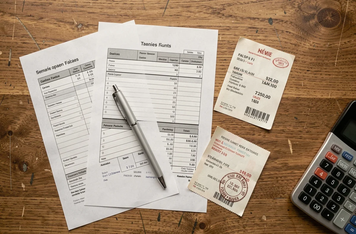 Gros plan sur des documents fiscaux français, une note de restaurant et une calculatrice posés sur un bureau en bois
