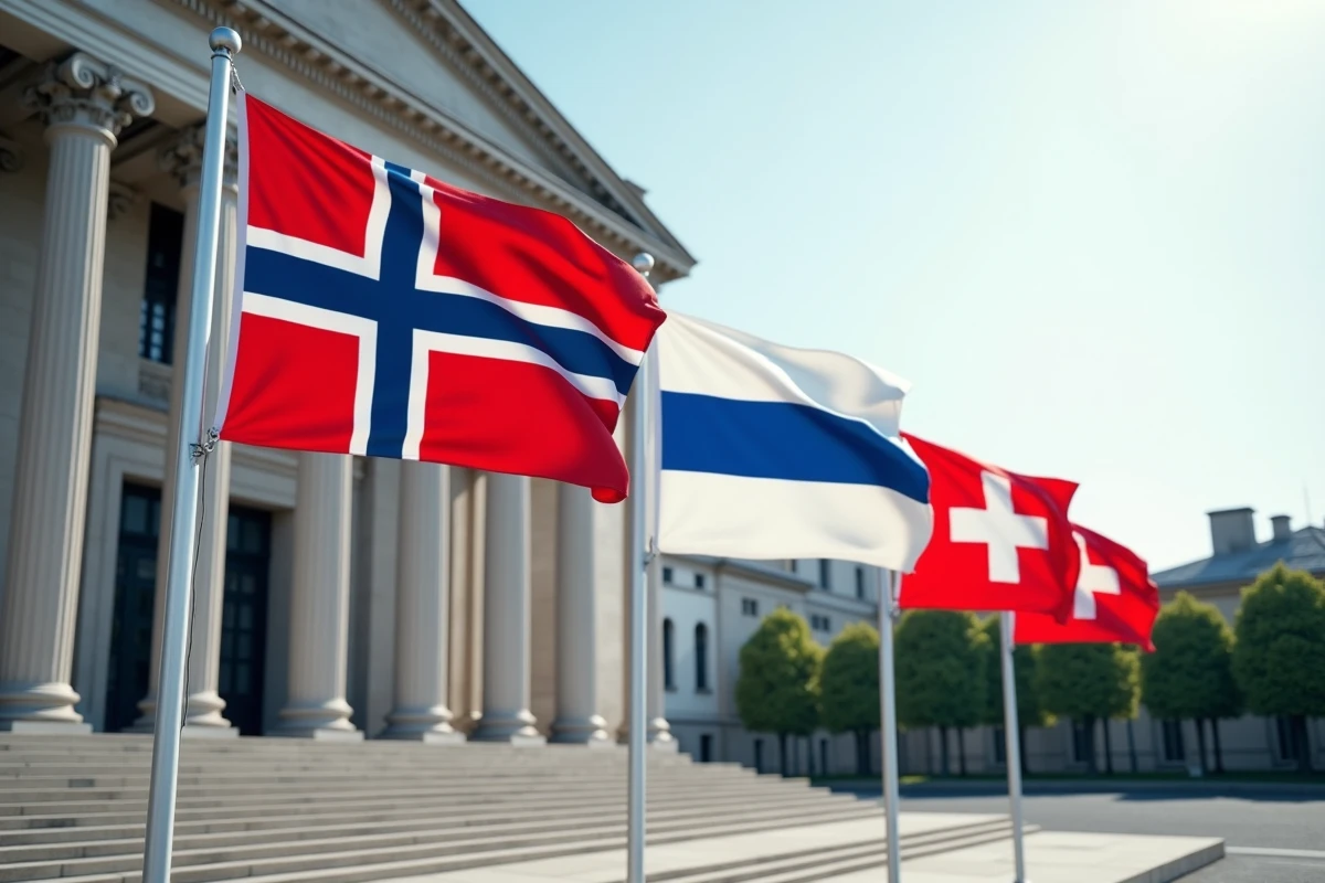 Drapeaux de pays à faible dette publique devant un bâtiment gouvernemental néoclassique imposant