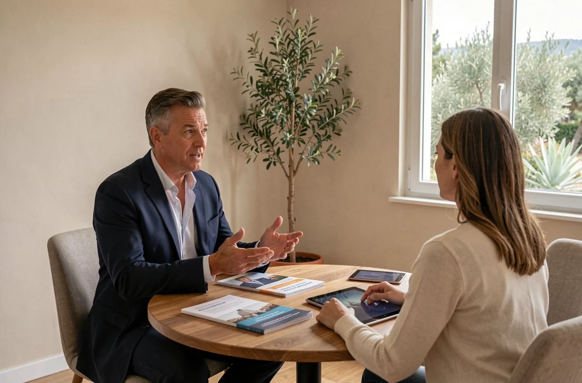 Conseiller de DSS Finances en discussion avec un couple autour d'une table dans un bureau convivial des Alpes-Maritimes