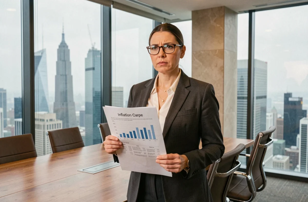 Économiste tenant un rapport d'inflation devant la skyline d'un quartier d'affaires dans une salle de réunion en hauteur
