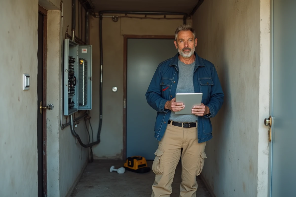 Électricien consultant des statistiques de revenus médians sur tablette dans un appartement en travaux