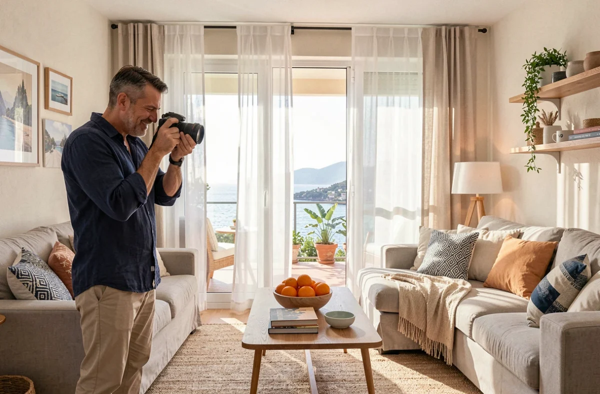 Un gestionnaire d'Enjoy and Stay photographie un appartement de vacances meublé avec vue sur la mer à Menton pour la location courte durée