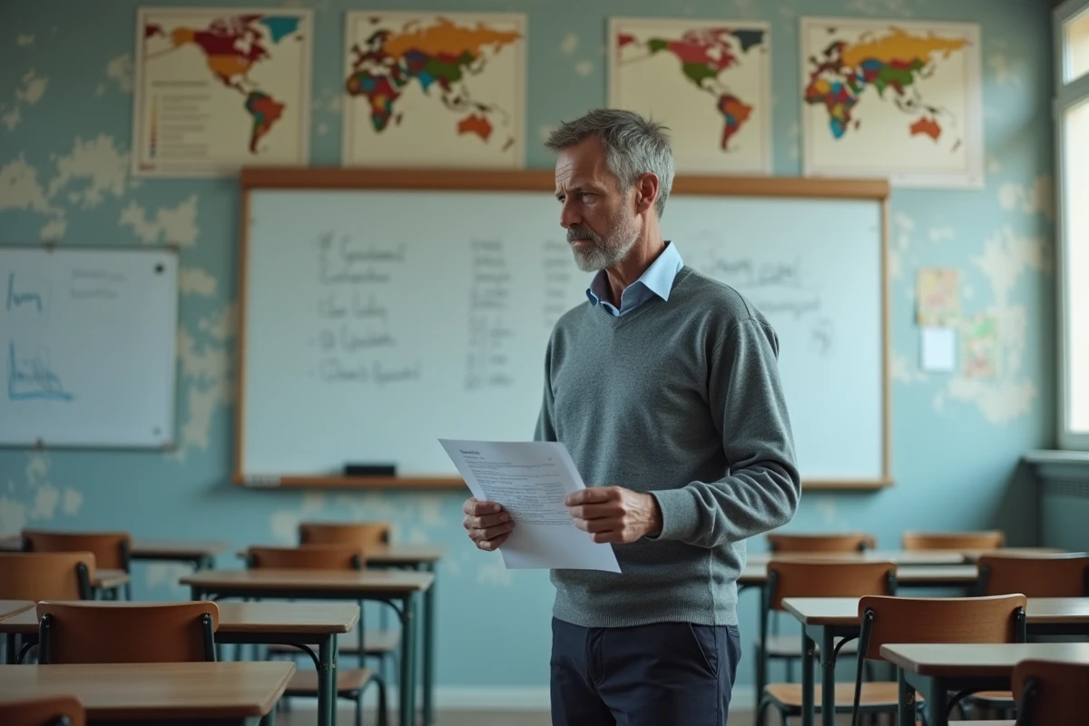 Enseignant comparant des documents de salaire dans une salle de classe vide d'un lycée