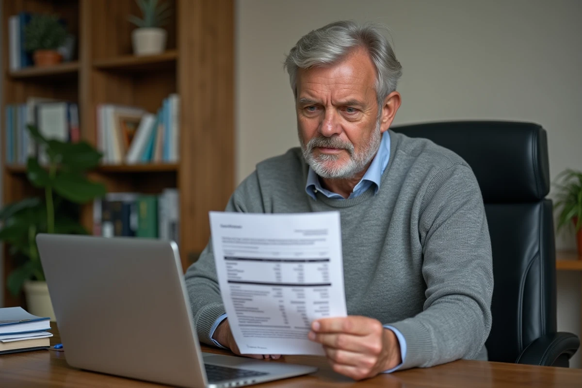 Enseignant à temps partiel calculant son salaire sur ordinateur à domicile