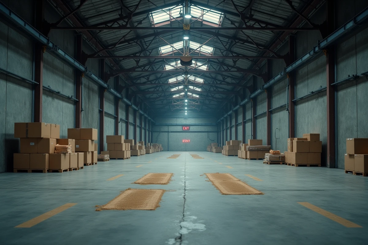 Entrepôt industriel vide après liquidation d'entreprise, sols en béton avec traces de rayonnages et cartons abandonnés