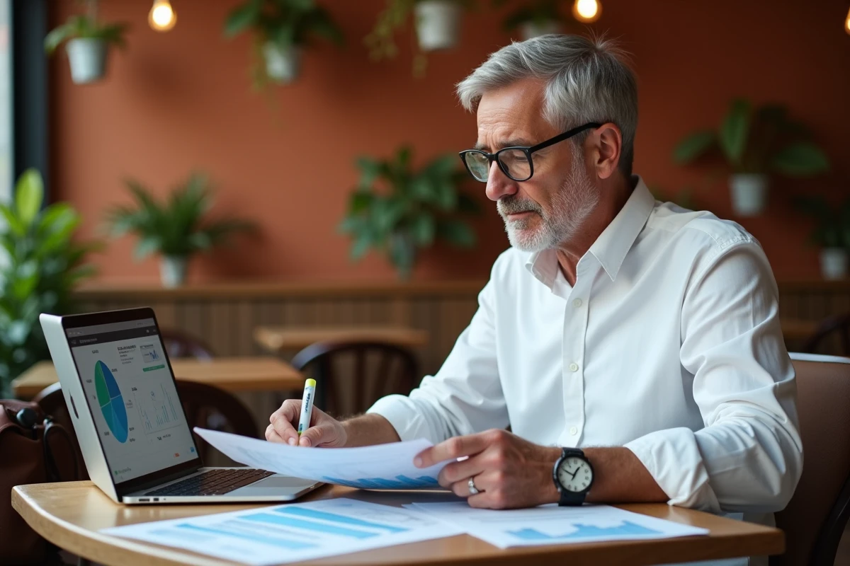 Entrepreneur analysant des rapports de marge financière sur des documents imprimés dans un café de coworking