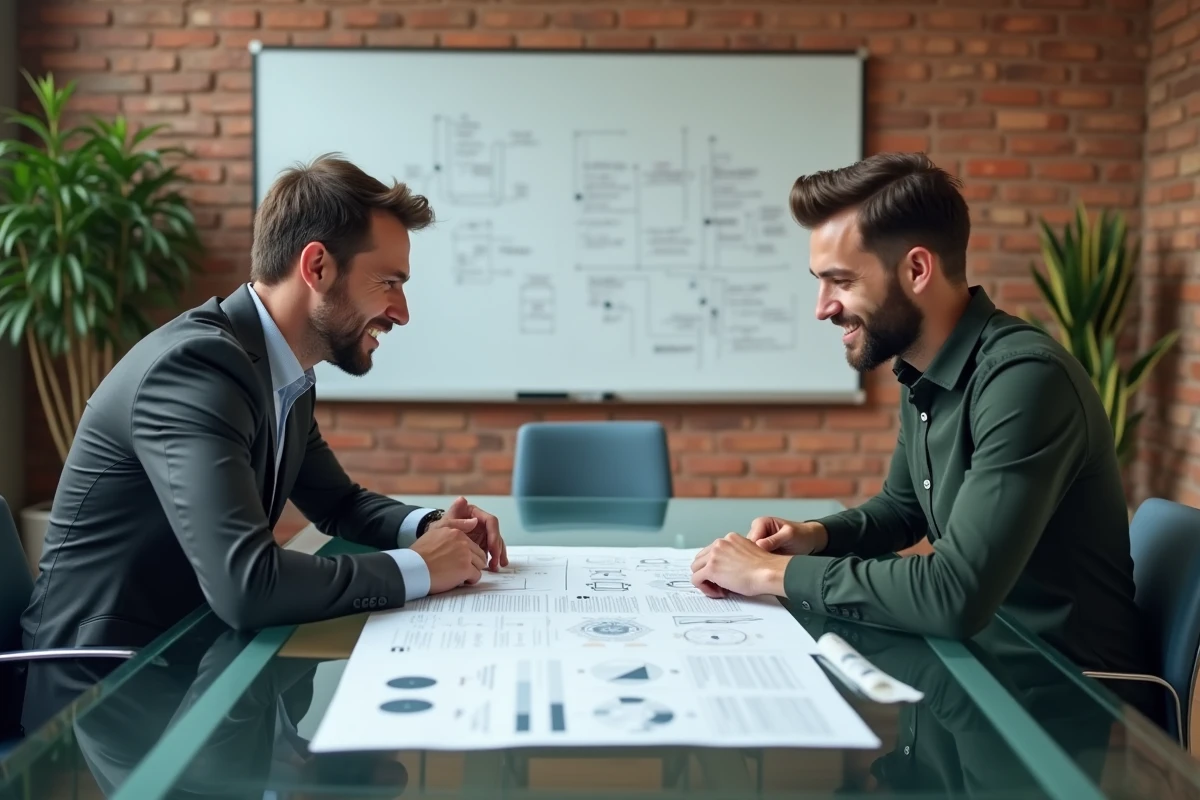 Deux entrepreneurs discutant des parties clés d'un business plan autour d'une table de réunion moderne