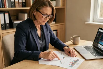Femme épargnante analysant les performances boursières d'une action défensive comme Air Liquide dans un bureau à domicile