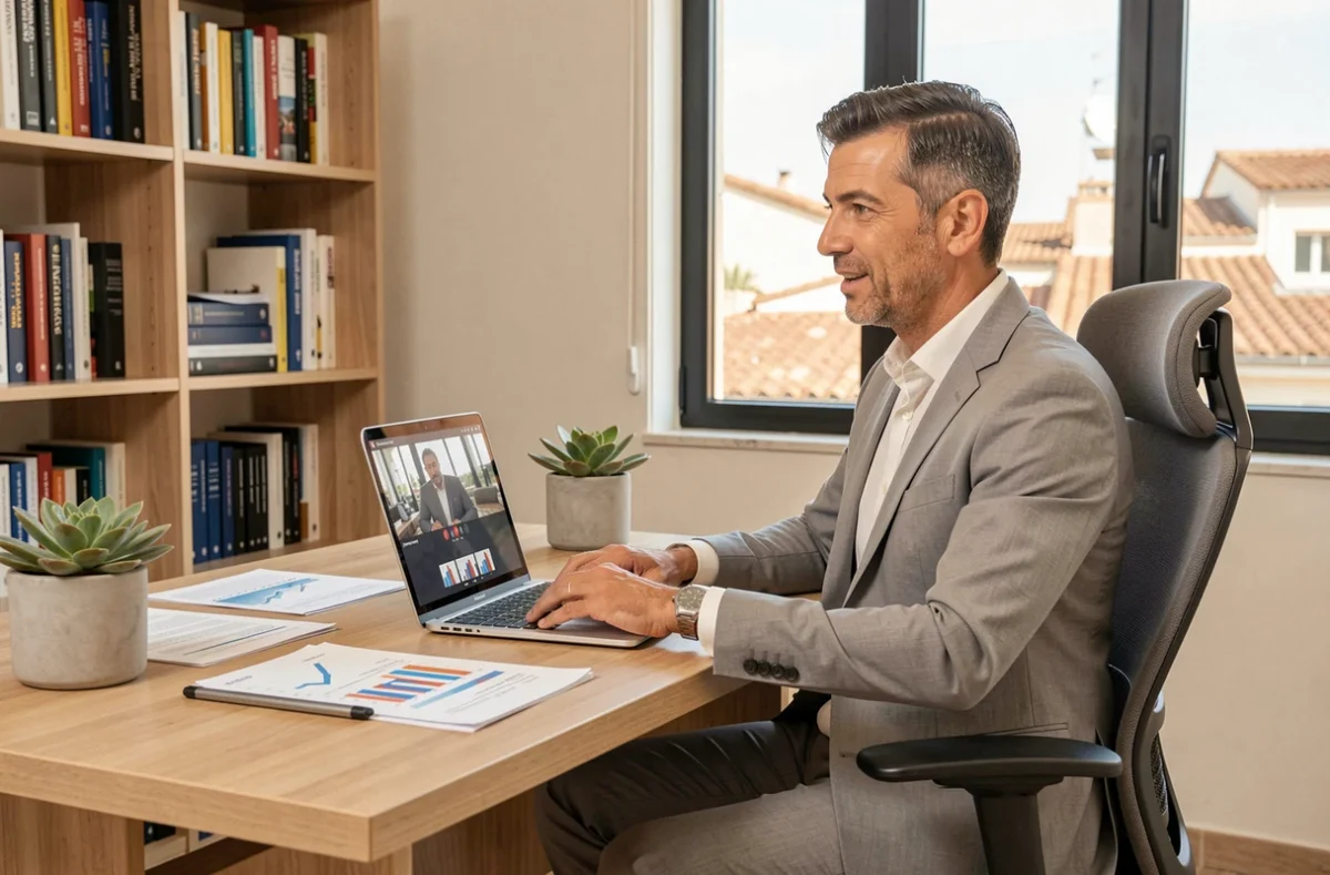 Conseiller d'Epargneprivee en visioconférence dans un bureau à domicile moderne avec vue sur les toits méditerranéens