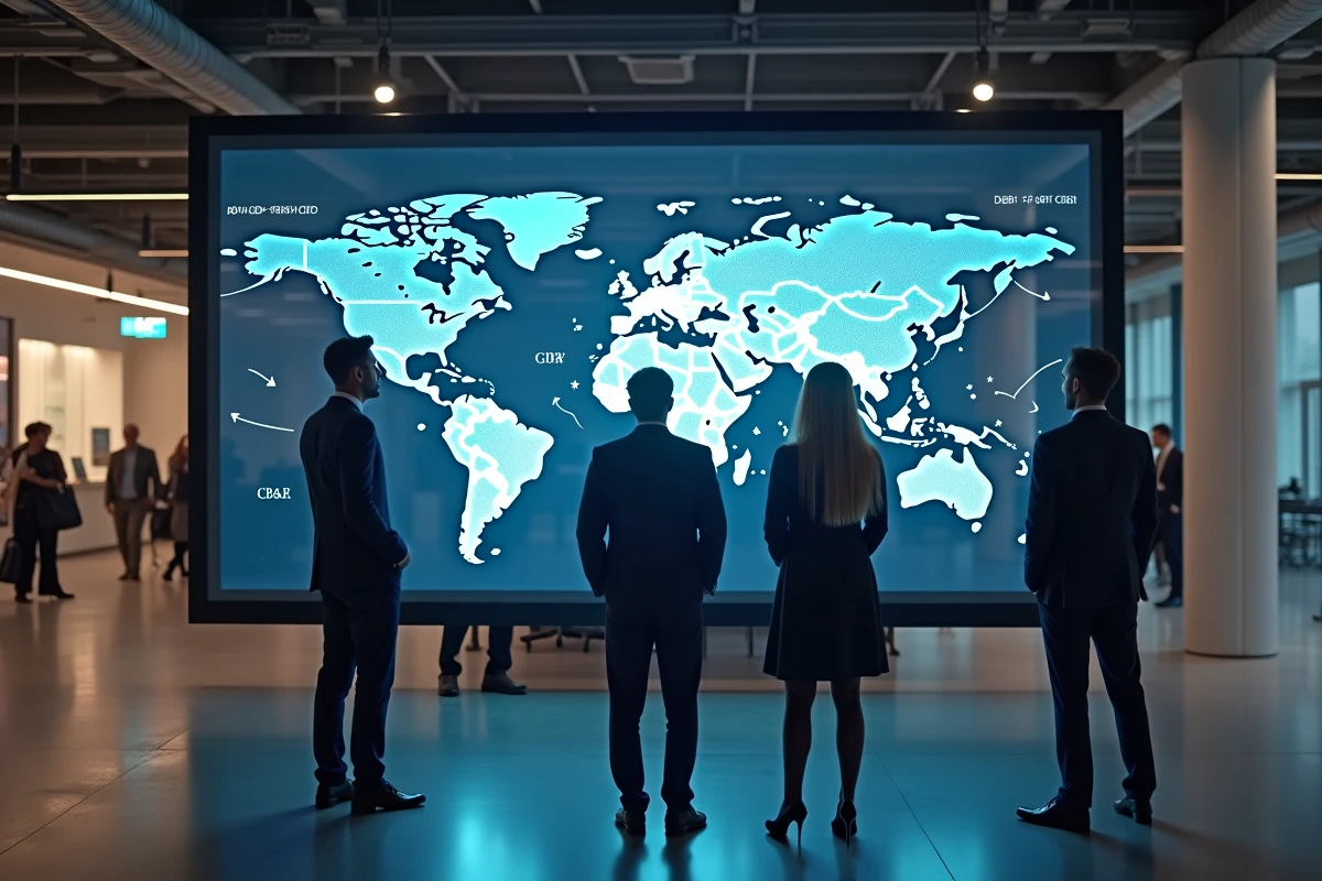 Équipe de professionnels étudiant une carte mondiale des niveaux d'endettement des pays sur écran interactif